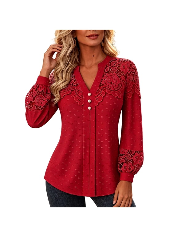 Lace Long Sleeve Tops for Women V Neck Button Sheer Crochet Mesh Tops Ruched Eyelet V Neck Business Work Office Shirts,Wine S