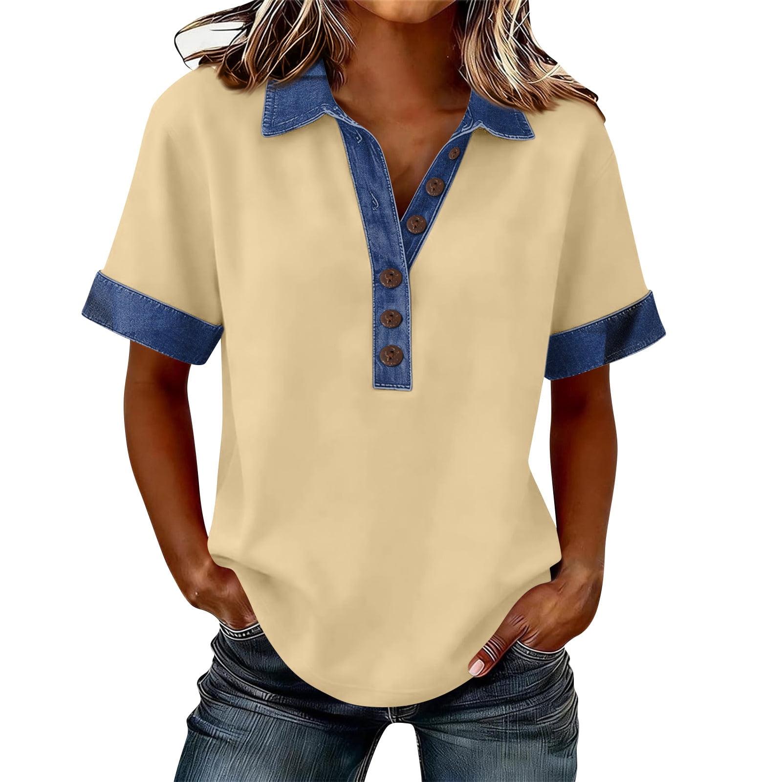 Dweltoz Ladies Denim Shirt Women's Henley V Neck Lapel Collar Tops ...