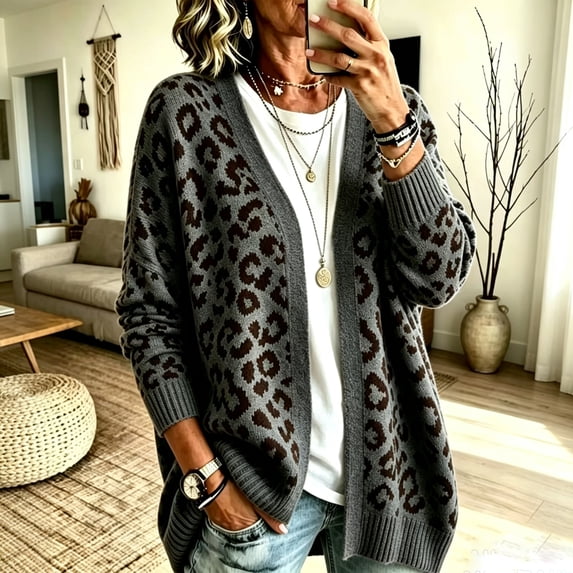Dweltoz Leopard Print Cardigan Sweaters for Women Open Front V Neck Knitted Cardigan Long Sleeve Button Down Fall Sweater Outerwear Y2k Oversized Cozy Sweater 2026