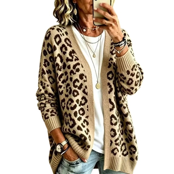 Dweltoz Leopard Print Cardigan Sweaters for Women Open Front V Neck Knitted Cardigan Long Sleeve Button Fall Sweaters Coat Y2k Plus Size Chunky Fall Sweater Outerwear