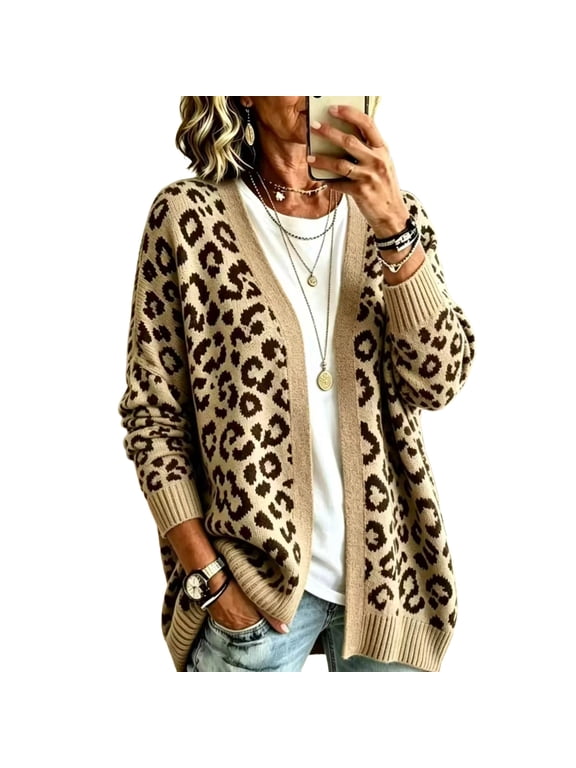 Leopard Print Cardigan Sweaters for Women Open Front V Neck Knitted Cardigan Sweater Long Sleeve Button Down Sweaters Y2k Oversized Chunky Sweater 2026