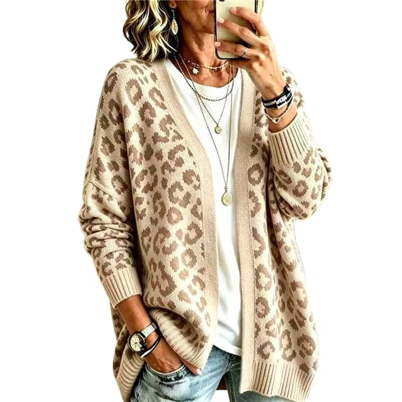 Dweltoz Leopard Print Cardigan Sweaters for Women Open Front V Neck Knitted Cardigan Sweaters Long Sleeve Button Fall Sweaters Coat Fuzzy Oversized Cozy Sweaters