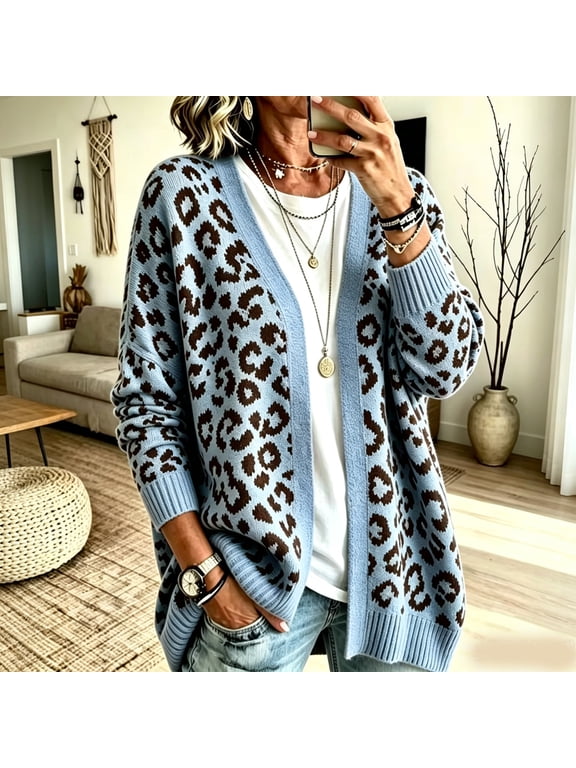 Leopard Print Cardigan Sweaters for Women Open Front V Neck Knitted Cardigan Sweaters Long Sleeve Button Down Fall Sweaters Coat Y2k Oversized Chunky Fall Sweater Outerwear