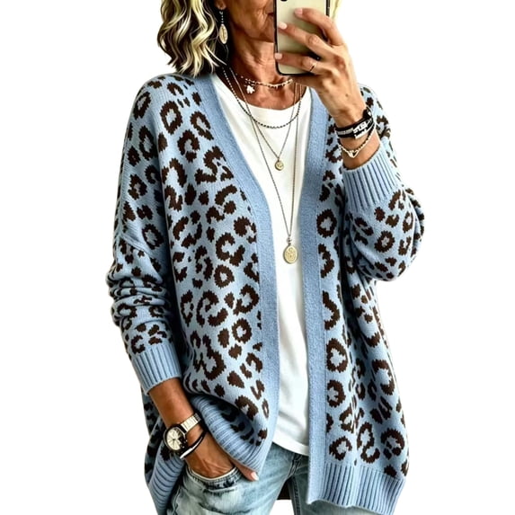 Dweltoz Leopard Print Cardigan Sweaters for Women V Neck Open Front Knitted Cardigan Sweaters Button Fuzzy Y2k Sweater Oversized Chunky Fall Sweaters Coat