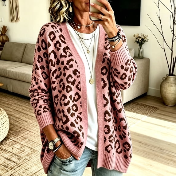 Dweltoz Leopard Print Cardigan Sweaters for Women V Neck Open Front Knitted Cardigan Button Fuzzy Y2k Sweater Plus Size Chunky Fall Sweaters Coat