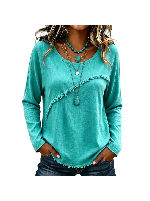 Linen Shirts for Women Summer 2026 Long Sleeve Boho Tops Casual Retro Frayed Gauze Blouses Raw Hem Beach Tops,Turquoise M