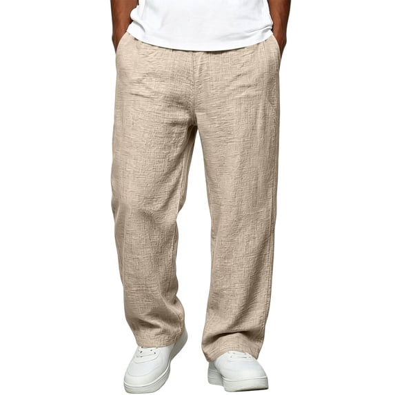 Dweltoz Men Linen Cargo Pants Baggy Elastic Waist Trousers Lightweight Breathable Wide Straight Leg Workwear with Pockets,Khaki L