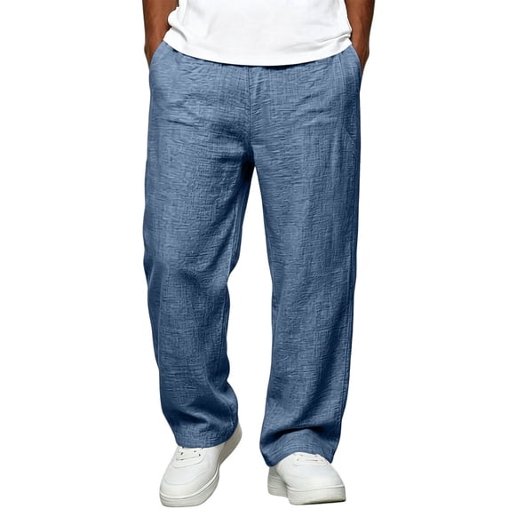 Dweltoz Men Linen Cargo Pants Baggy Elastic Waist Trousers Lightweight Breathable Wide Straight Leg Workwear with Pockets,Navy M