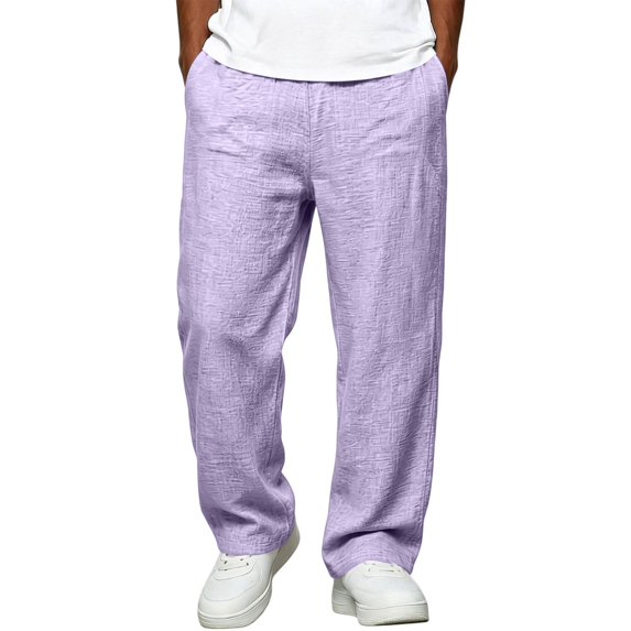 Dweltoz Men Linen Cargo Pants Baggy Elastic Waist Trousers Lightweight Breathable Wide Straight Leg Workwear with Pockets,Purple 2XL