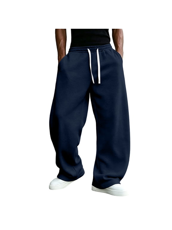 Men's Baggy Sweatpants Wide Leg Loose Fit Fleece Lounge Pants Elastic Waist Drawstring Lightweight Casual Gym Trousers with Pockets,Black 3XL