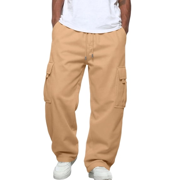 Dweltoz Men's Cargo Pants Baggy Loose Fit Trousers Straight Leg Casual Pants Elastic Waist Multi-Pocket Utility Pants,Beige 5XL