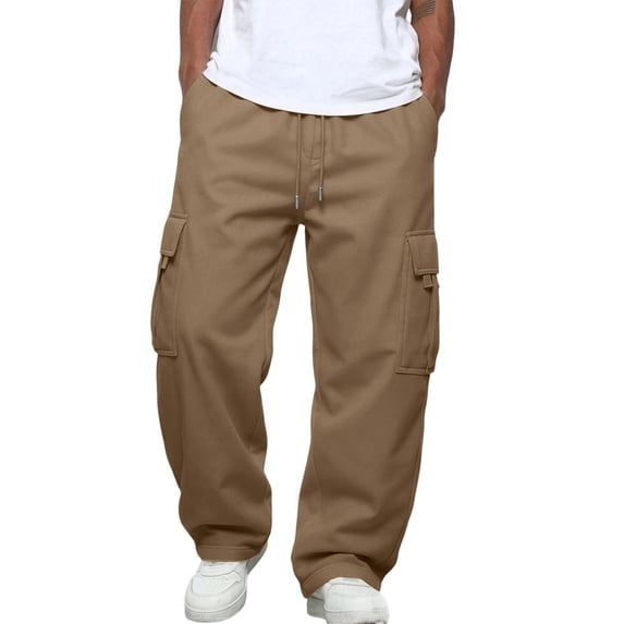 Dweltoz Men's Cargo Pants Baggy Loose Fit Trousers Straight Leg Casual Pants Elastic Waist Multi-Pocket Utility Pants,Khaki L