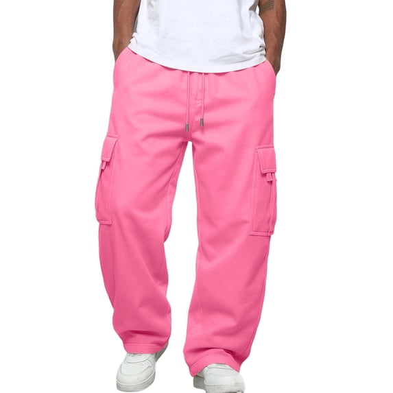 Dweltoz Men's Cargo Pants Baggy Loose Fit Trousers Straight Leg Casual Pants Elastic Waist Multi-Pocket Utility Pants,Pink M