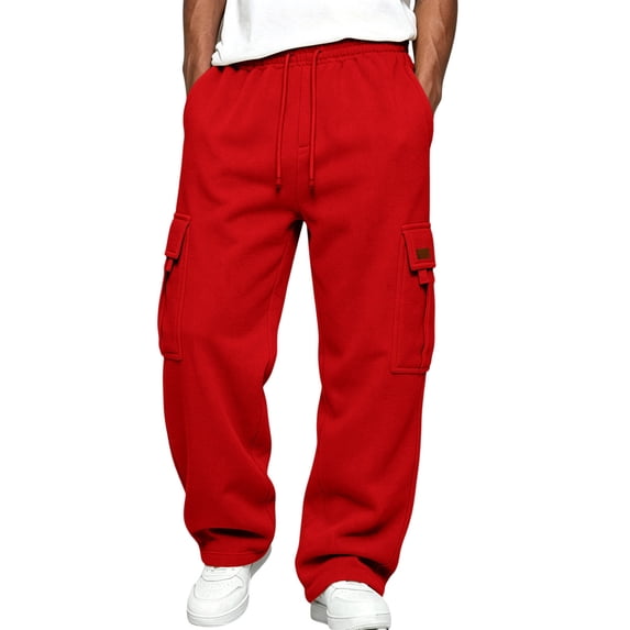 Dweltoz Men's Cargo Sweatpants Elastic Waist Drawstring Pants with Multi Pockets Casual Wide Leg Baggy Pants Oversized Lightweight Trousers 2026 Fall Winter Athletic Sweatpants,Red 2XL