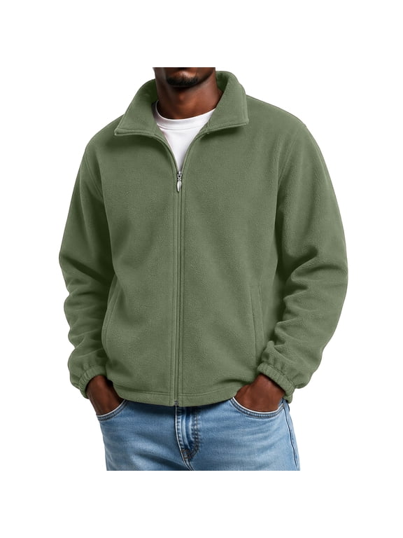 Men's Polar Fleece Jacket Full Zip Up Lapel Collar Long Sleeve Casual Outerwear with Pockets Fall Winter Soft Warm Jacket,Army Green 3XL
