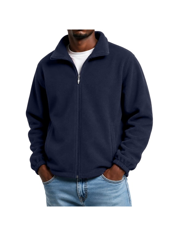 Men's Polar Fleece Jacket Full Zip Up Lapel Collar Long Sleeve Casual Outerwear with Pockets Fall Winter Soft Warm Jacket,Dark Blue 3XL