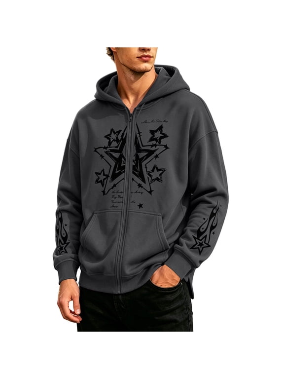 Men's Star Graphic Zip Up Hoodie Streetwear Full Zip Sweatshirt Drawstring Hood Long Sleeve Jacket with Pockets Casual Hoodie,Gray 2XL