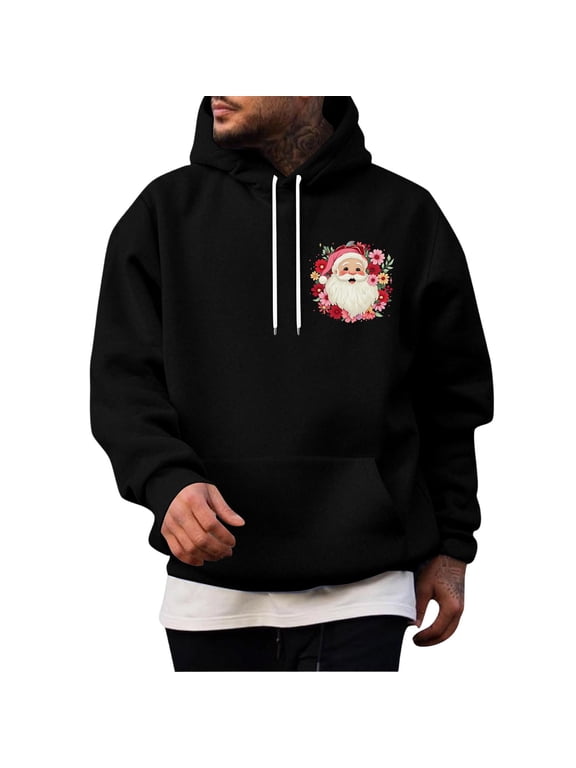 Mens Christmas Oversized Hoodies Floral Wreath Santa Print Fleece Lined Sweatshirts Fall Winter Hooded Pullover,Black M
