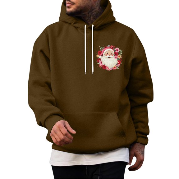 Dweltoz Mens Christmas Oversized Hoodies Floral Wreath Santa Print Fleece Lined Sweatshirts Fall Winter Hooded Pullover,Brown M