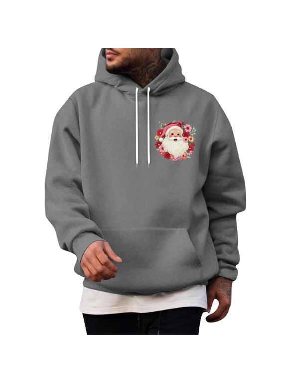 Mens Christmas Oversized Hoodies Floral Wreath Santa Print Fleece Lined Sweatshirts Fall Winter Hooded Pullover,Dark Gray S