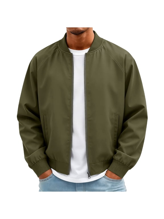 Mens Lightweight Bomber Jacket Full Zip Varsity Baseball Collar Outwear Casual Softshell Windbreaker Coat with Pockets ,Army Green L