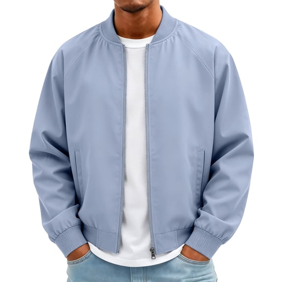 Dweltoz Mens Lightweight Bomber Jacket Full Zip Varsity Baseball Collar Outwear Casual Softshell Windbreaker Coat with Pockets ,Light Blue 2XL