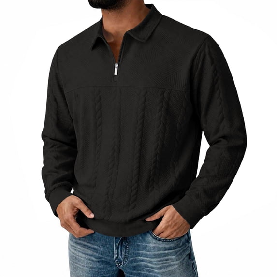 Dweltoz Mens Quarter Zip Pullover Sweater Knit Polo Long Sleeve Cable Ribbed Collar Cuffs Slim Fit Fall Winter Top,Black S