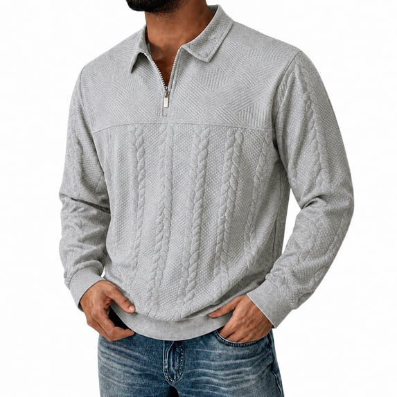 Dweltoz Mens Quarter Zip Pullover Sweater Knit Polo Long Sleeve Cable Ribbed Collar Cuffs Slim Fit Fall Winter Top,Gray L