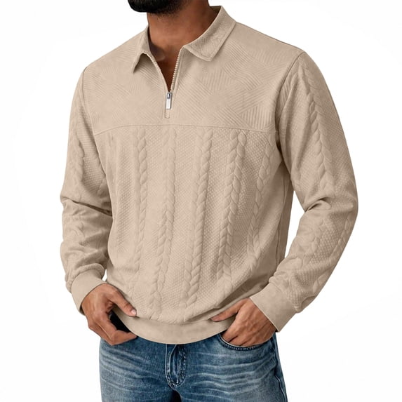 Dweltoz Mens Quarter Zip Pullover Sweater Knit Polo Long Sleeve Cable Ribbed Collar Cuffs Slim Fit Fall Winter Top,Khaki M