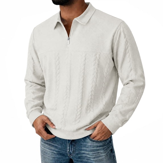 Dweltoz Mens Quarter Zip Pullover Sweater Knit Polo Long Sleeve Cable Ribbed Collar Cuffs Slim Fit Fall Winter Top,White M