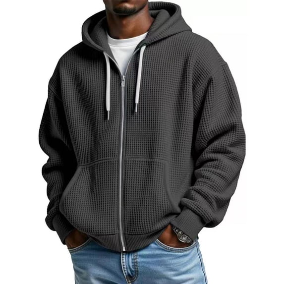 Dweltoz Mens Waffle Knit Hoodies Full Zip Up Hooded Sweatshirts Long Sleeve Drawstring Jacket with Pockets Loose Fit Lightweight Casual Coat,Black 4XL