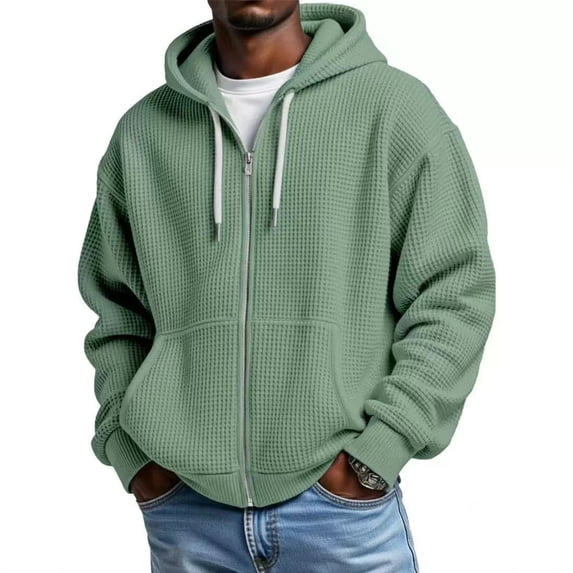 Dweltoz Mens Waffle Knit Hoodies Full Zip Up Hooded Sweatshirts Long Sleeve Drawstring Jacket with Pockets Loose Fit Lightweight Casual Coat,Mint Green 3XL