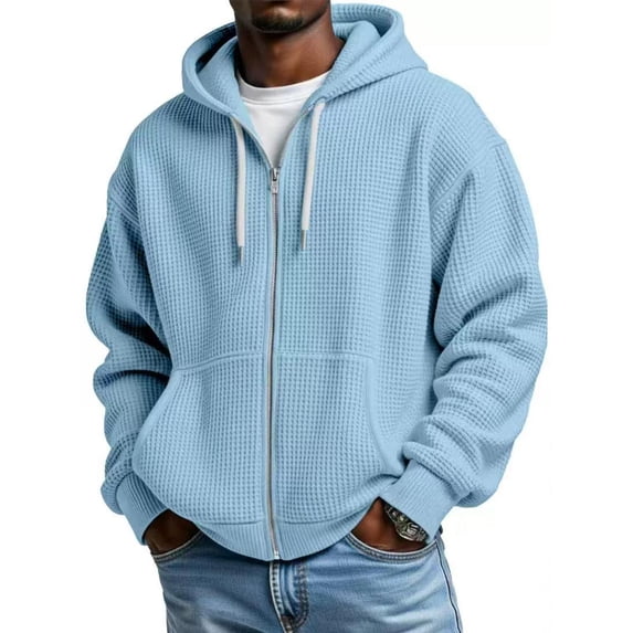 Dweltoz Mens Waffle Knit Hoodies Full Zip Up Hooded Sweatshirts Long Sleeve Drawstring Jacket with Pockets Loose Fit Lightweight Casual Coat,Sky Blue XL