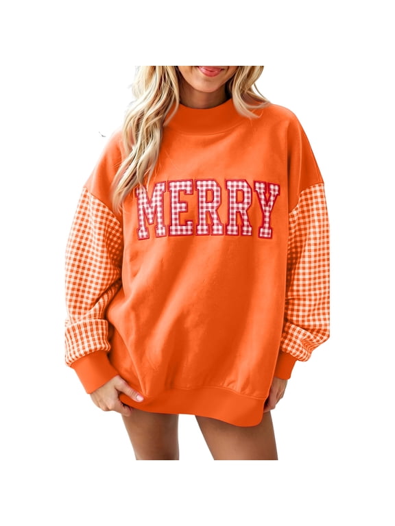 Merry Christmas Sweatshirt for Women Plaid Sleeve Crew Neck Long Sleeve Oversized Pullover Top Casual Xmas Holiday Outfit,Orange M