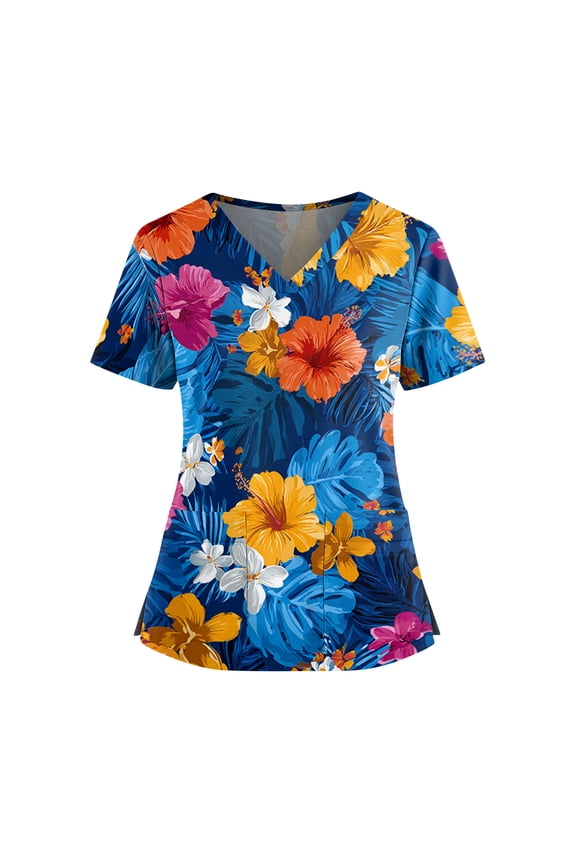 Nursing Scrubs Womens V-Neck Short Sleeve Hawaii Medical Nurse Uniform T-Shirt Soft Stretch Casual Workwear with Pockets,Dark Blue 2XL