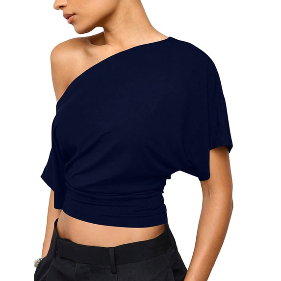 Dweltoz Off the Shoulder Drapey Tops for Women Ruched Bat Wing Dolman Short Sleeve Y2k Shirts Fitted Waist Trendy Casual Going Out,Dark Blue L