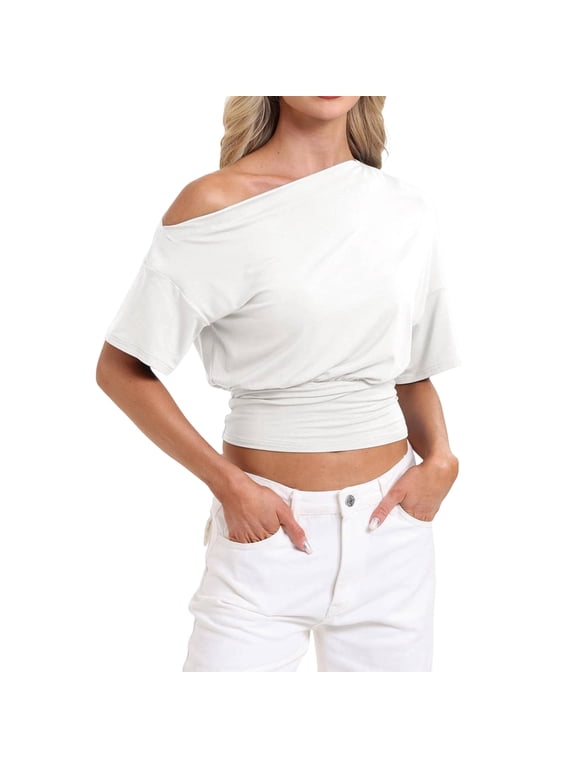 Off the Shoulder Drapey Tops for Women Ruched Dolman Short Sleeve Streetwear Shirts Fitted Waist Trendy Loose Going Out,Pink XL