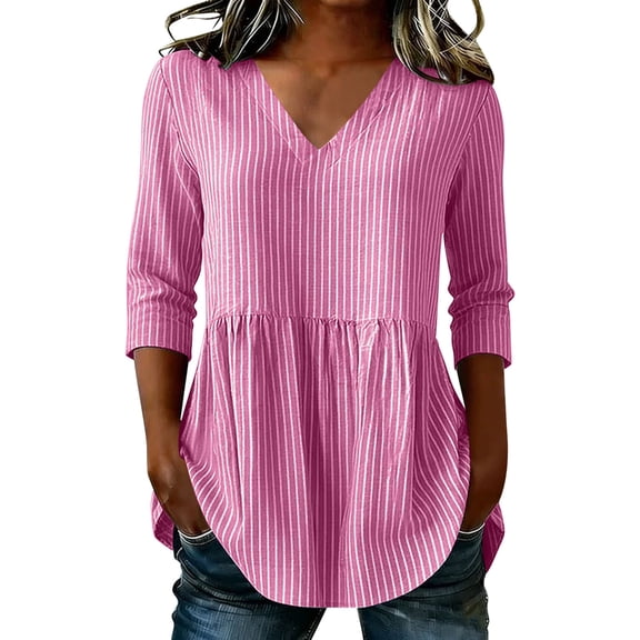Dweltoz Peplum Blouses for Women 3/4 Length Sleeve Stripes V Neck Loose Clothing Fashion Peplum Basic Flowy Babydoll Blouses,Pink XL