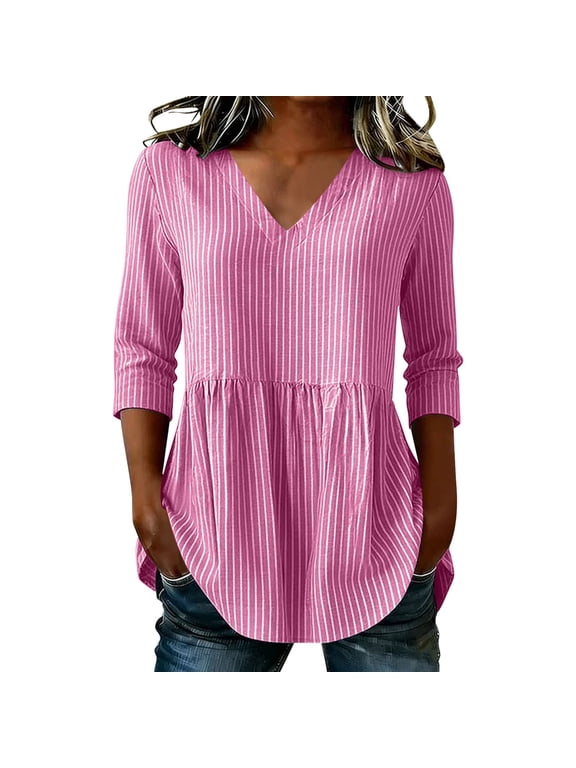 Peplum Blouses for Women 3/4 Length Sleeve Stripes V Neck Loose Clothing Fashion Peplum Basic Flowy Babydoll Blouses,Pink XL