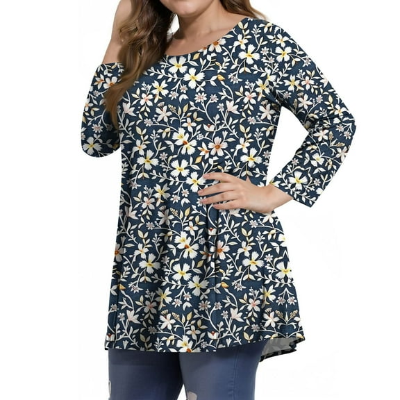 Dweltoz Plus Size Shirts for Women 2025 Summer Crew Neck T-Shirts 3/4 Sleeve Outfits Casual Floral Print Tees Blouses,Blue 4XL