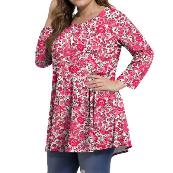 Dweltoz Plus Size Shirts for Women 2025 Summer Crew Neck T Shirts 3/4 Sleeve Outfits Casual Floral Print Tunics Blouses,Hot Pink L
