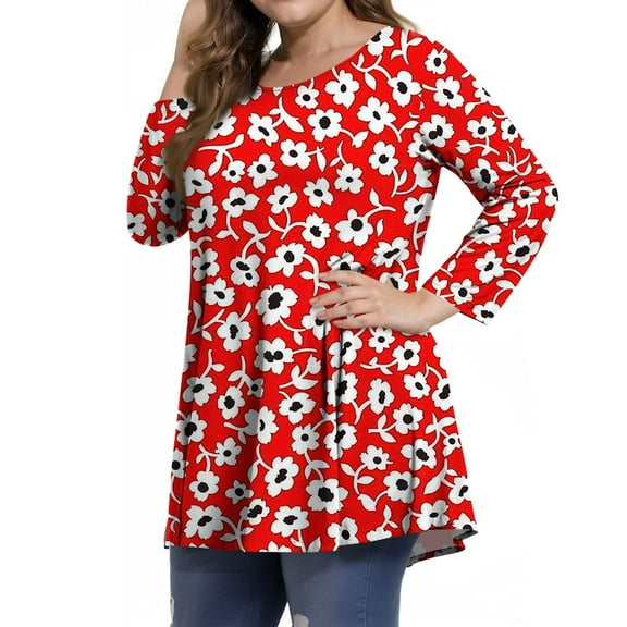 Dweltoz Plus Size Shirts for Women L-4XL 2025 Summer Crew Neck Tops 3/4 Sleeve T-Shirts Casual Floral Print Tunics Blouses,Red 2XL