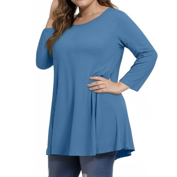Dweltoz Plus Size Shirts for Women L-4XL Summer Crew Neck Tops 3/4 Sleeve T-Shirts Casual Soild Color Tunics Blouses,Blue XL