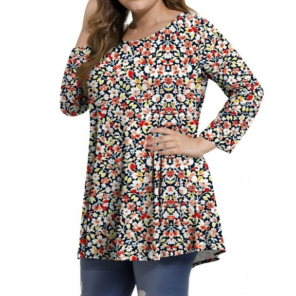 Dweltoz Plus Size Tunic Tops for Women 2025 Summer Crew Neck T Shirts 3/4 Sleeve T-Shirts Loose Fit Cotton Floral Print Tunics Blouses,Watermelon Red 2XL