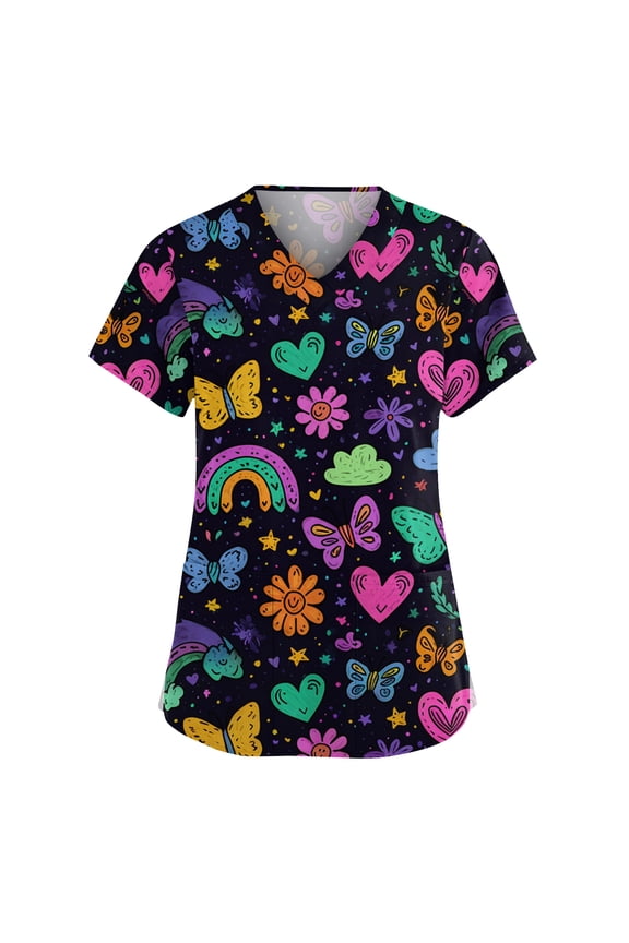 Scrub V-Neck Tops for Women Cute Print Short Sleeve Scrub Shirts Fade Resistant Soft Stretch Tops Classic Fit Breathable Scrubs With 2 Pockets,Navy 4XL