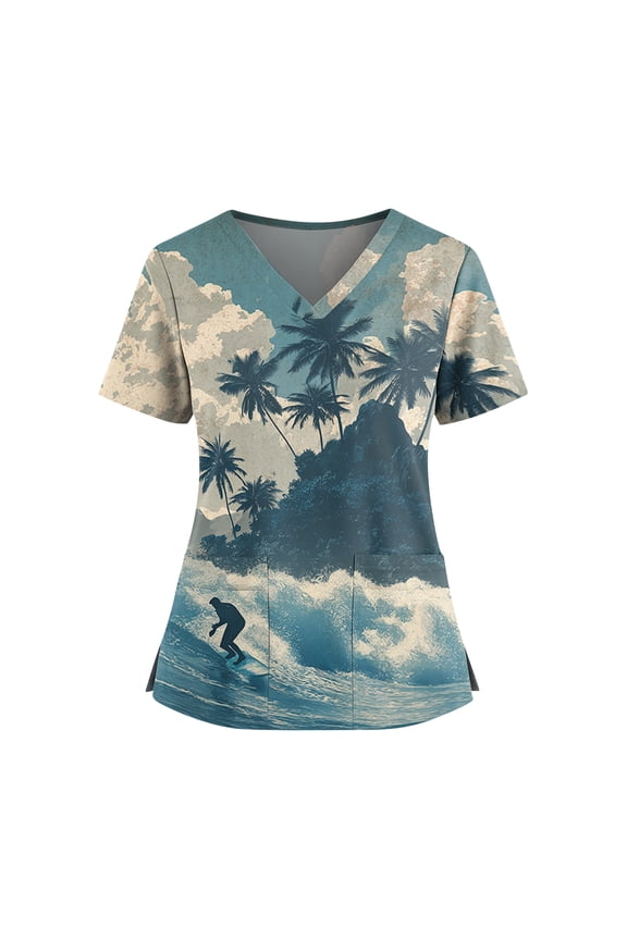 Scrubs for Women Medical Top V-Neck Short Sleeve Hawaii Medical Nurse Uniform T-Shirt Soft Stretch Casual Work Blouse with Four Pocket,Light Blue XL