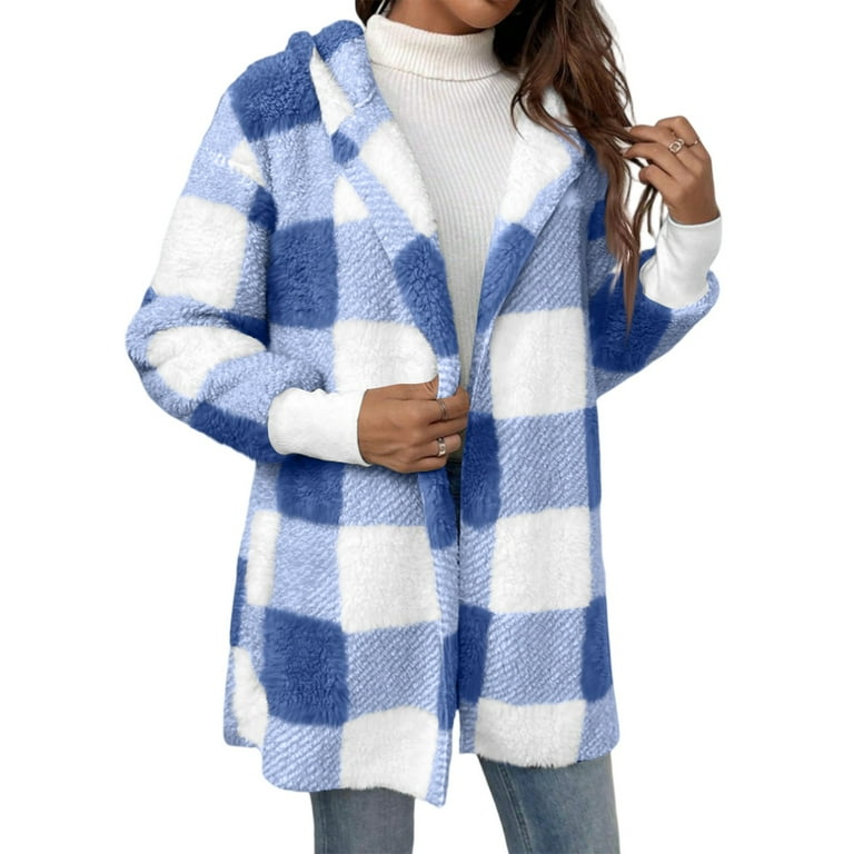 Dweltoz Sherpa Jacket for Women Plus Size Plaid Open Front Shacket