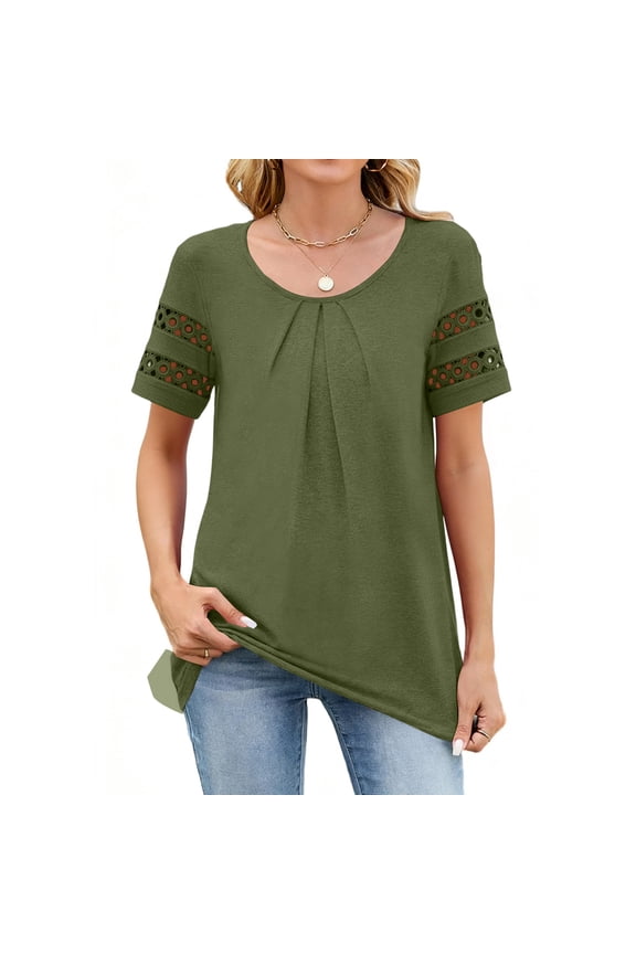 Short Sleeve Womens Tops Crewneck Pleated Front Tunics Solid Color Dressy Casual Top Summer Loose Business Clothes 2026,Camouflage green 2XL