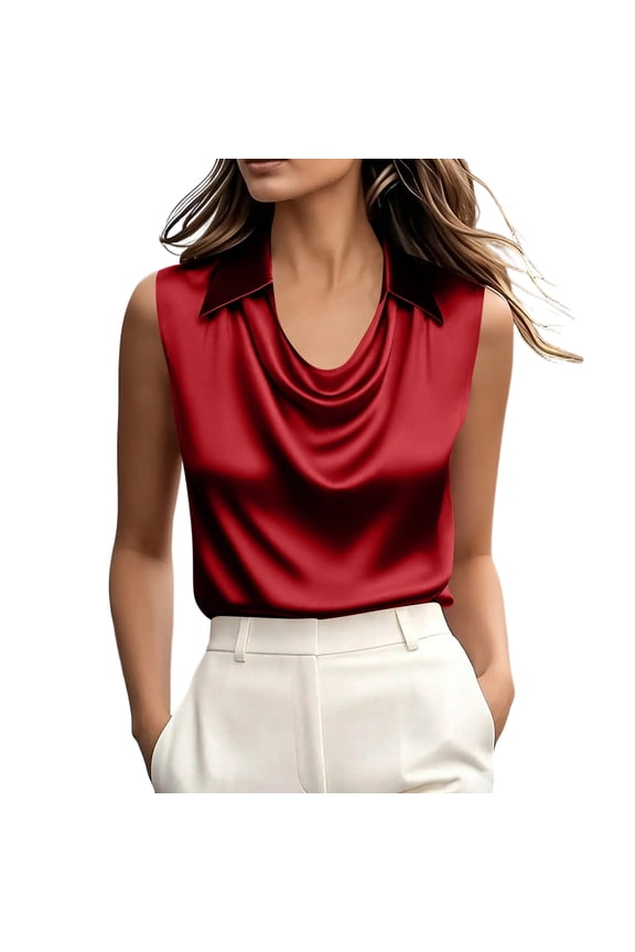 Silk Satin Halter Tops for Women Cowl Neck Collared Office Summer Blouse Elegant Casual Sleeveless Silk Tops,Red S