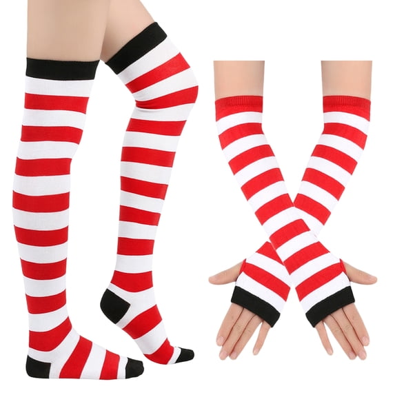 Dweltoz Striped Thigh High Socks for Women Extra Long Stockings with Fingerless Arm Warmer Halloween Christmas Cosplay Knitted Set